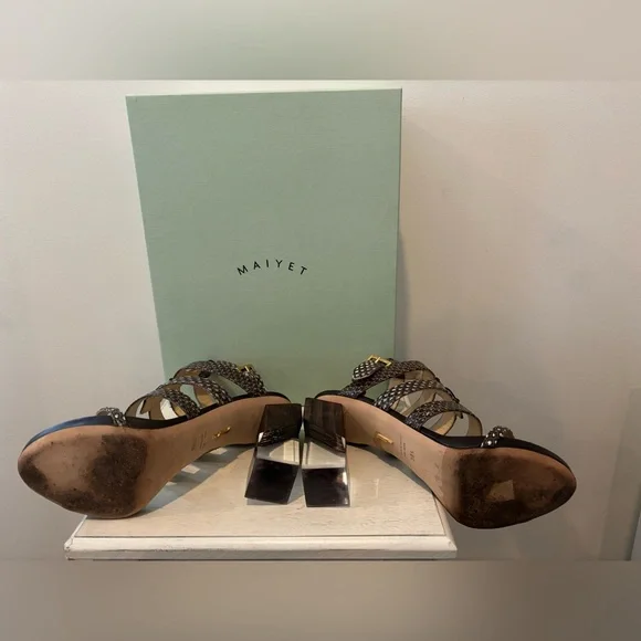 🤩 Modern VTG Maiyet of Italy Elaphe Multi Strap Black & Gold Strappy Sandal 38.5 - Picture 9 of 12